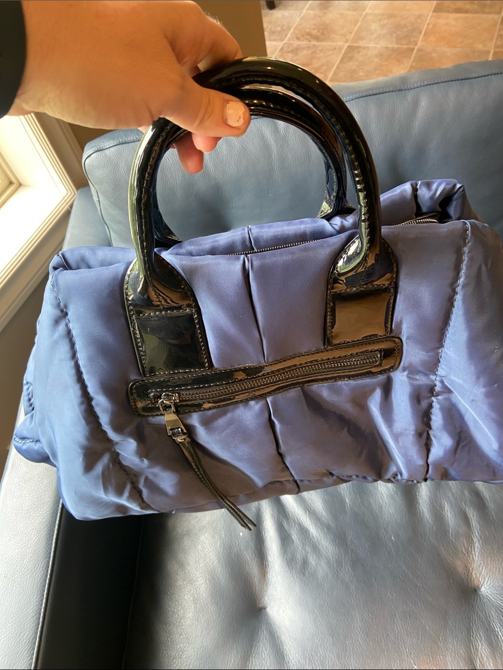 Quilted Navy Tote with Black Patent Trim